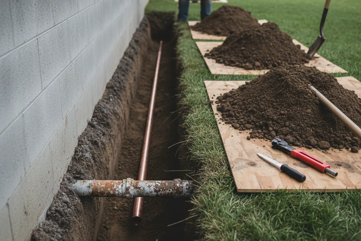 Excavated water line trench during Water Softener Installation in Davenport